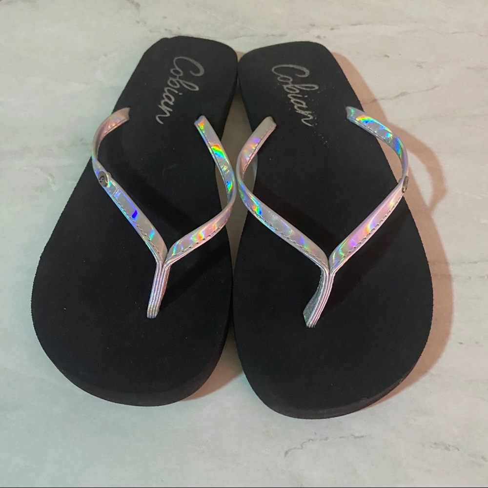 Black Flip-Flops with Holographic Straps